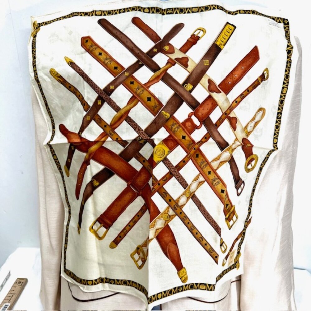 New tag On MCM mini scarf handkerchief cotton 21" Ivery Black Belts Logo  ( 28) - Picture 8 of 8